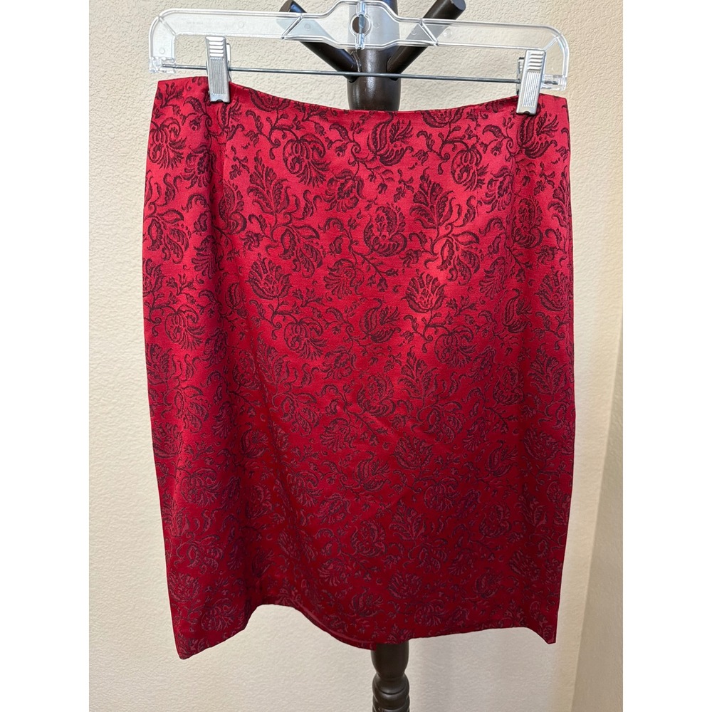 Ann Taylor Red Black Floral Damask Jacquard Pencil Skirt Size 8 Holiday Office